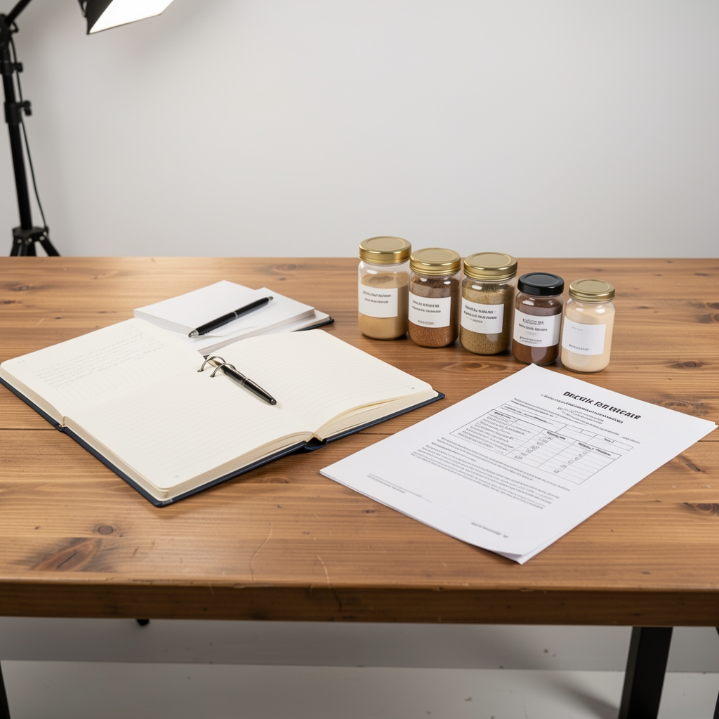 Studio workspace with open notebooks, ingredient sample jars, and printed batch verification documents arranged on a large wooden desk under bright studio lighting