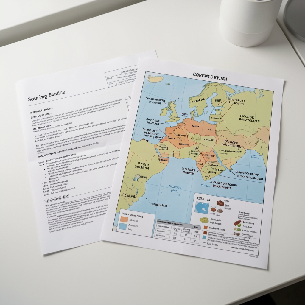 Flat lay of sourcing documentation and a regional origin map with ingredient provenance annotations on a clean white desk