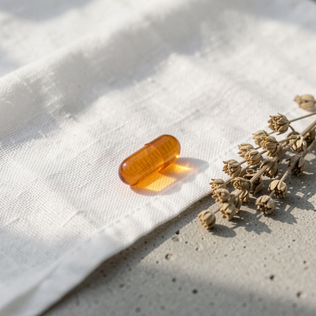 A single amber supplement capsule on white linen with a sprig of dried herbs beside it in soft morning light on a concrete surface