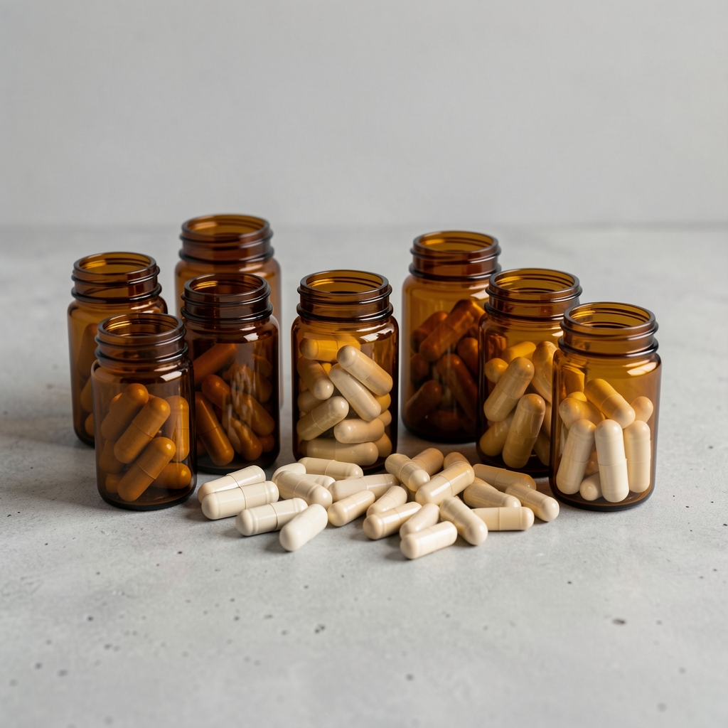Assortment of natural supplement capsules in amber glass containers arranged on a clean concrete surface under studio lighting