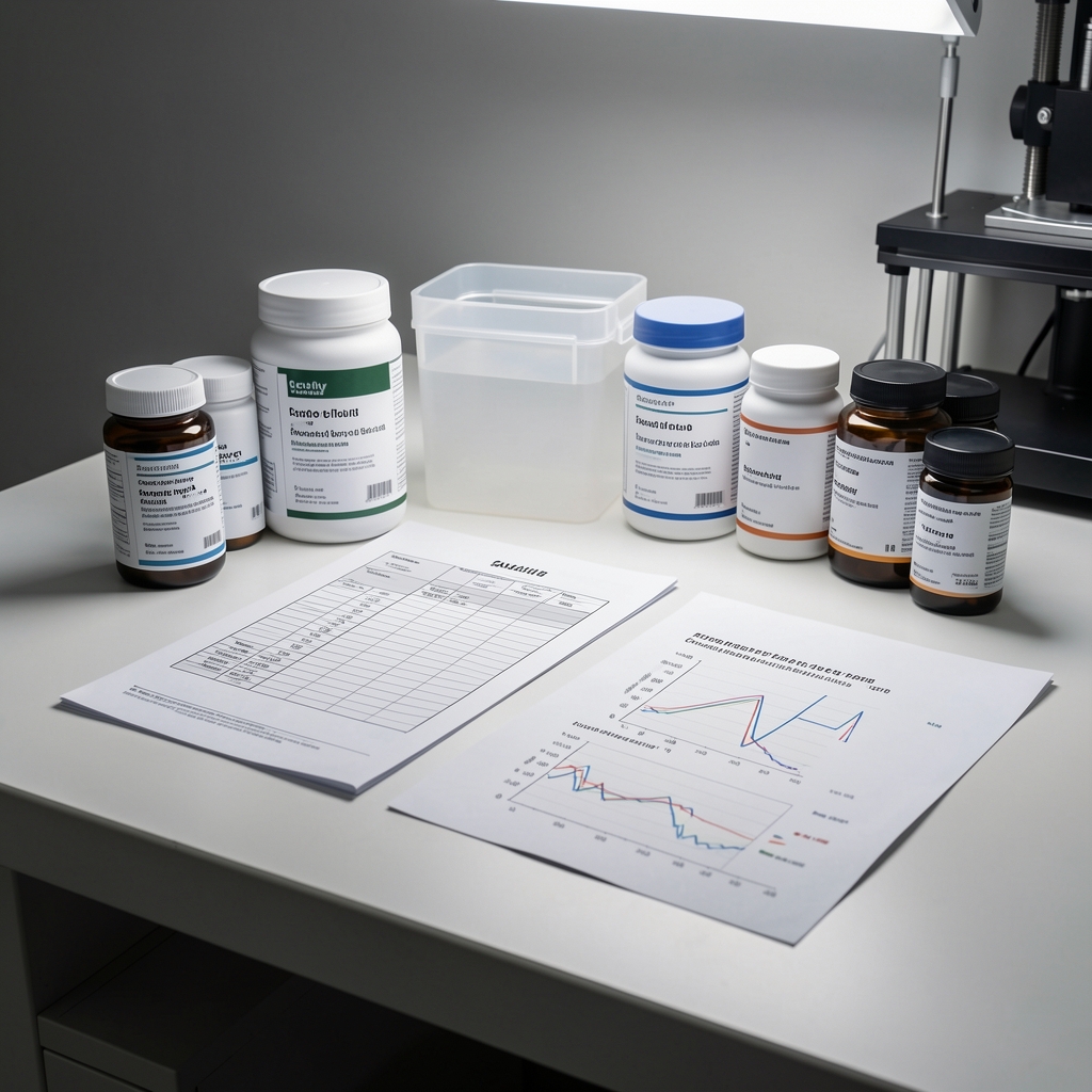 Quality-control workbench with supplement containers, batch documentation sheets, and elemental analysis printouts laid flat under controlled lighting