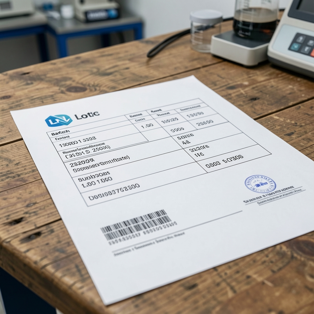 Close-up of printed lot record documentation with batch codes and supplier certificates laid on a wooden surface in a quality-control environment