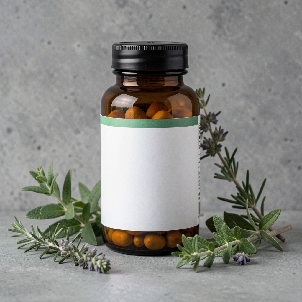 Amber glass supplement bottle labelled Toravel Core Formula on a grey concrete background with natural herbs arranged alongside