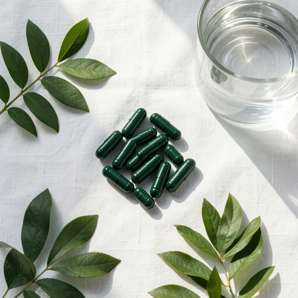 Flat lay of dark green supplement capsules on white linen with botanical leaves and a glass of water in natural morning light