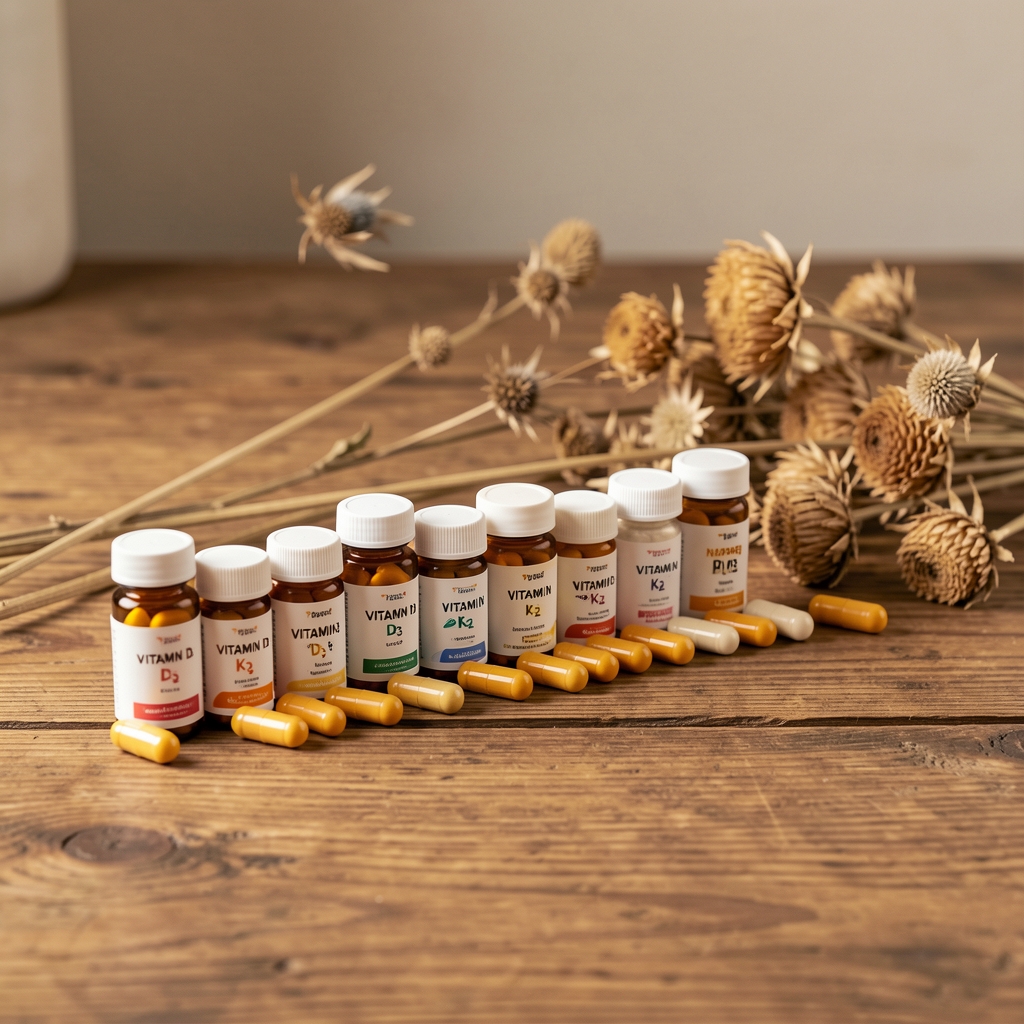 Row of vitamin D3 and K2 supplement capsules lined up on a wooden surface next to dried plant specimens under controlled lighting
