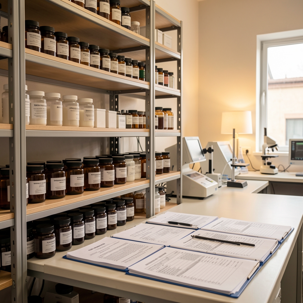 Interior of a formulation research studio with shelving of ingredient sample jars and folders of printed batch documentation under warm studio lighting