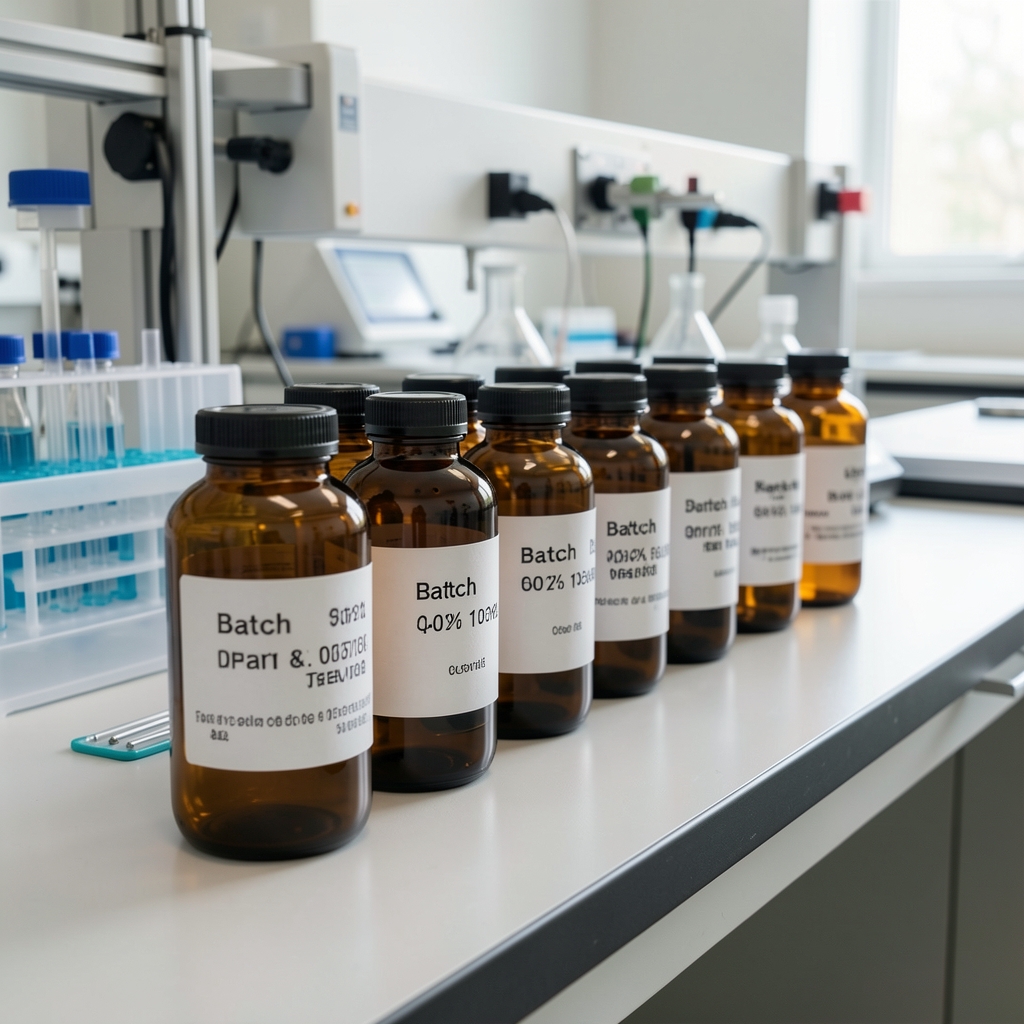 Close-up of a quality-control bench with batch-coded amber glass containers arranged in a row in a clean workspace